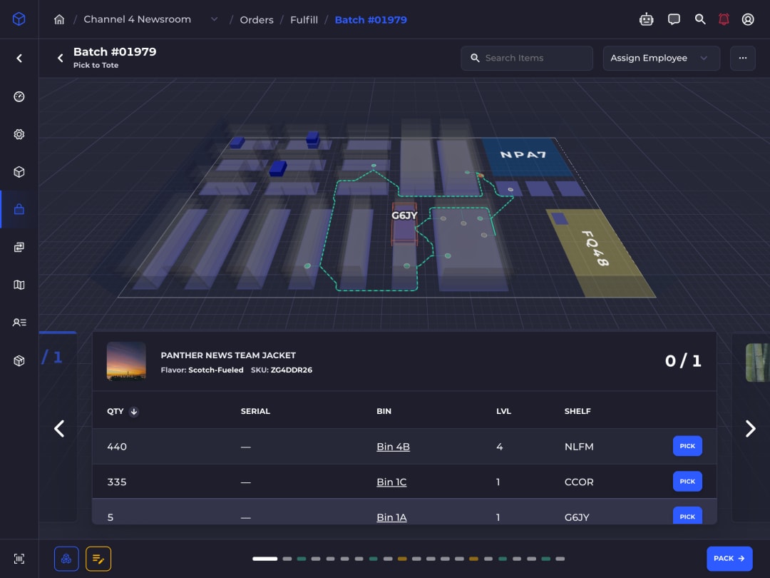 SKUSavvy pick to tote batch on a tablet, its route drawn through a 3D map of the warehouse above the next item and its bins