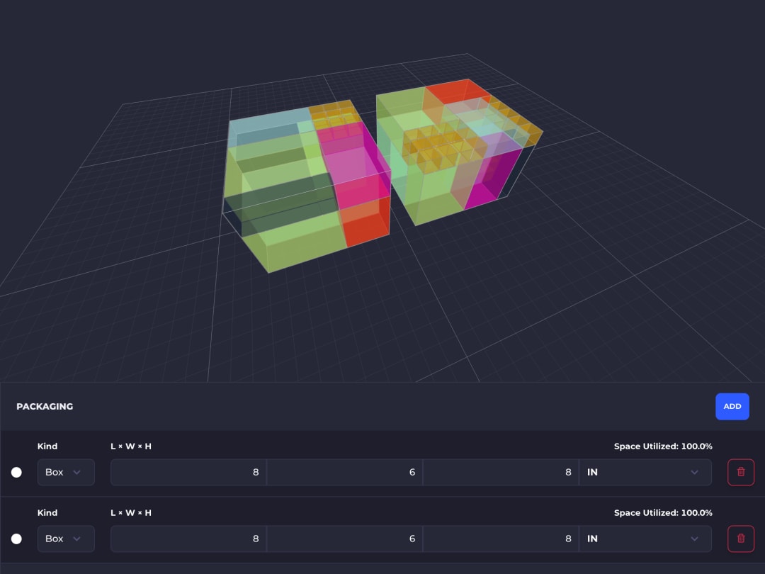 SKUSavvy 3D bin packing: two 8 x 6 x 8 in boxes packed full of products, each at 100% of its space used