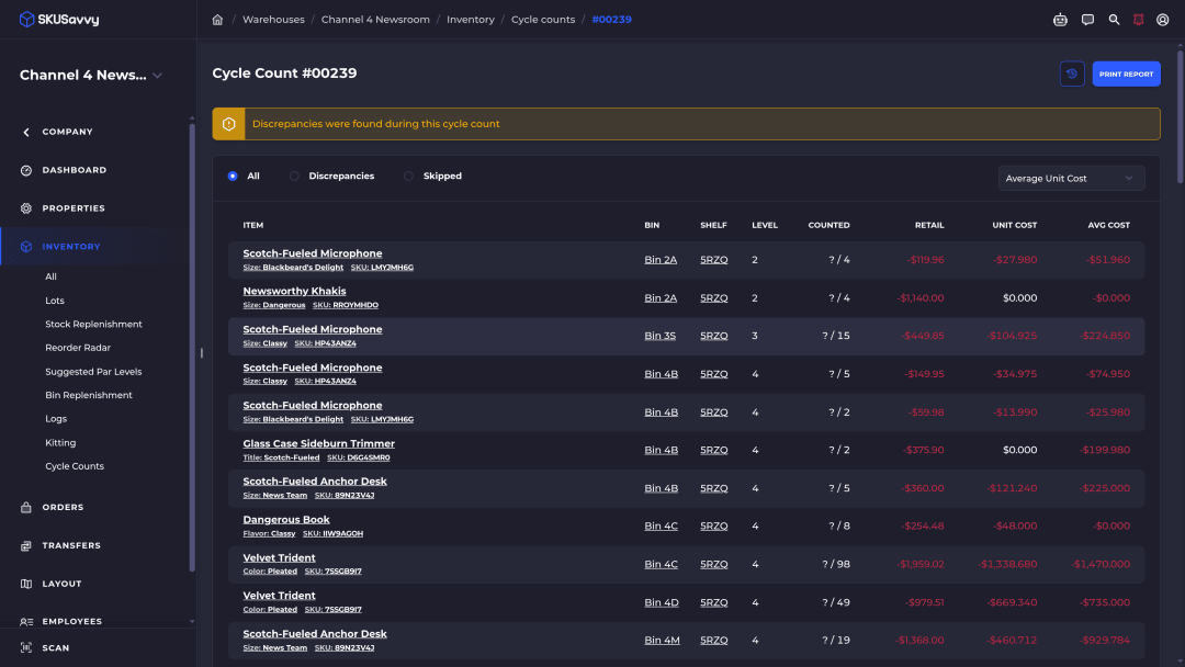 SKUSavvy completed cycle count with a discrepancy warning, listing each item and bin against its expected quantity and cost