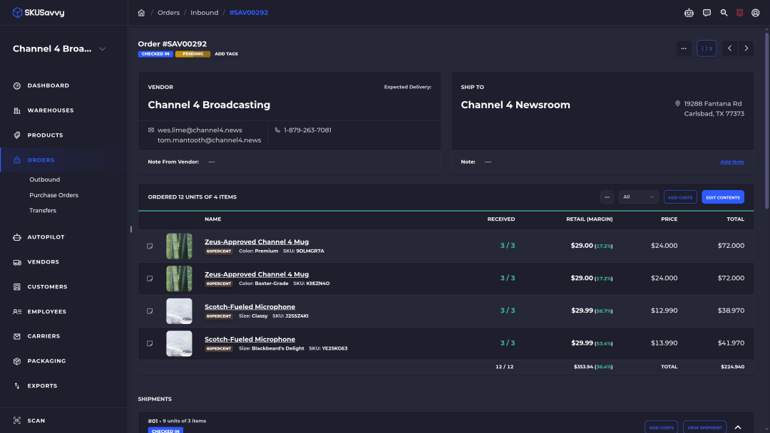 SKUSavvy purchase order with vendor, line items received, unit prices and check-in status