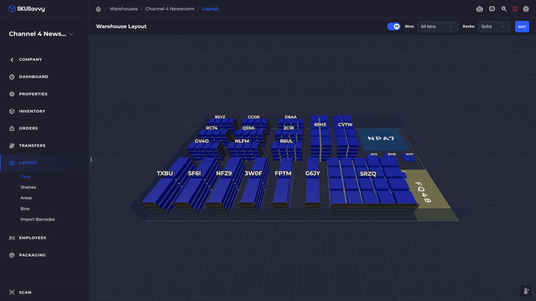 SKUSavvy 3D warehouse map showing shelves and their bins