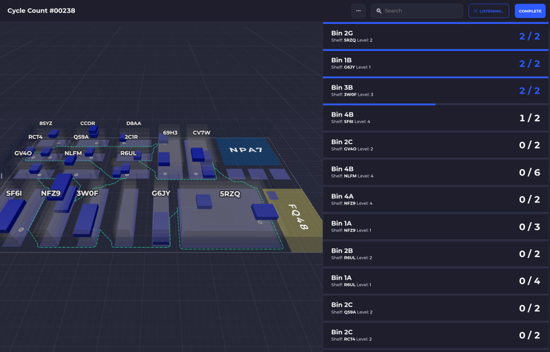 SKUSavvy cycle count showing bins with counted and expected quantities