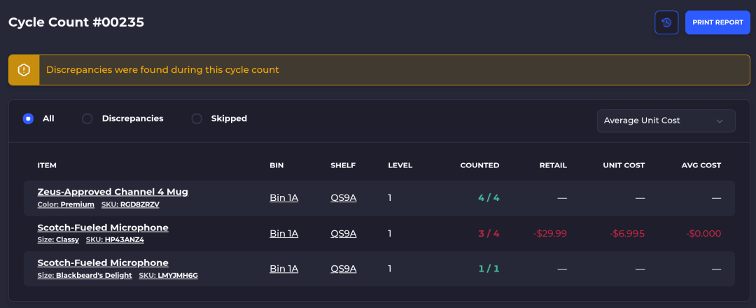SKUSavvy cycle count differences, expected vs counted
