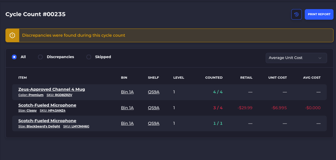 SKUSavvy completed cycle count with bins counted and variances