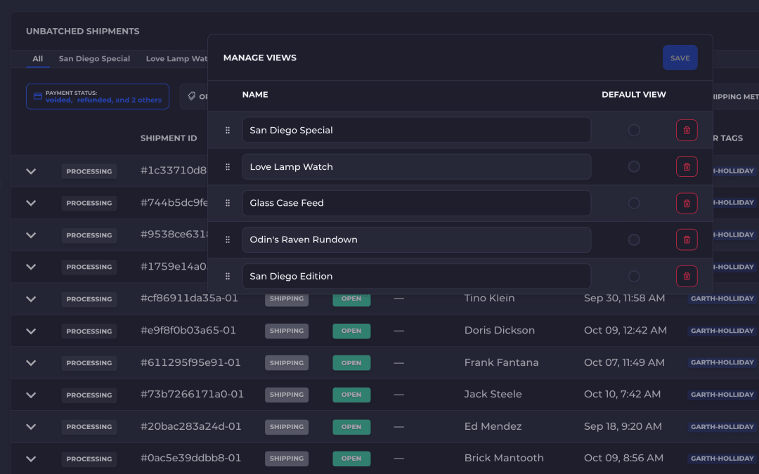 Manage Views open over the SKUSavvy unbatched shipments list, with a drag grip beside each saved view