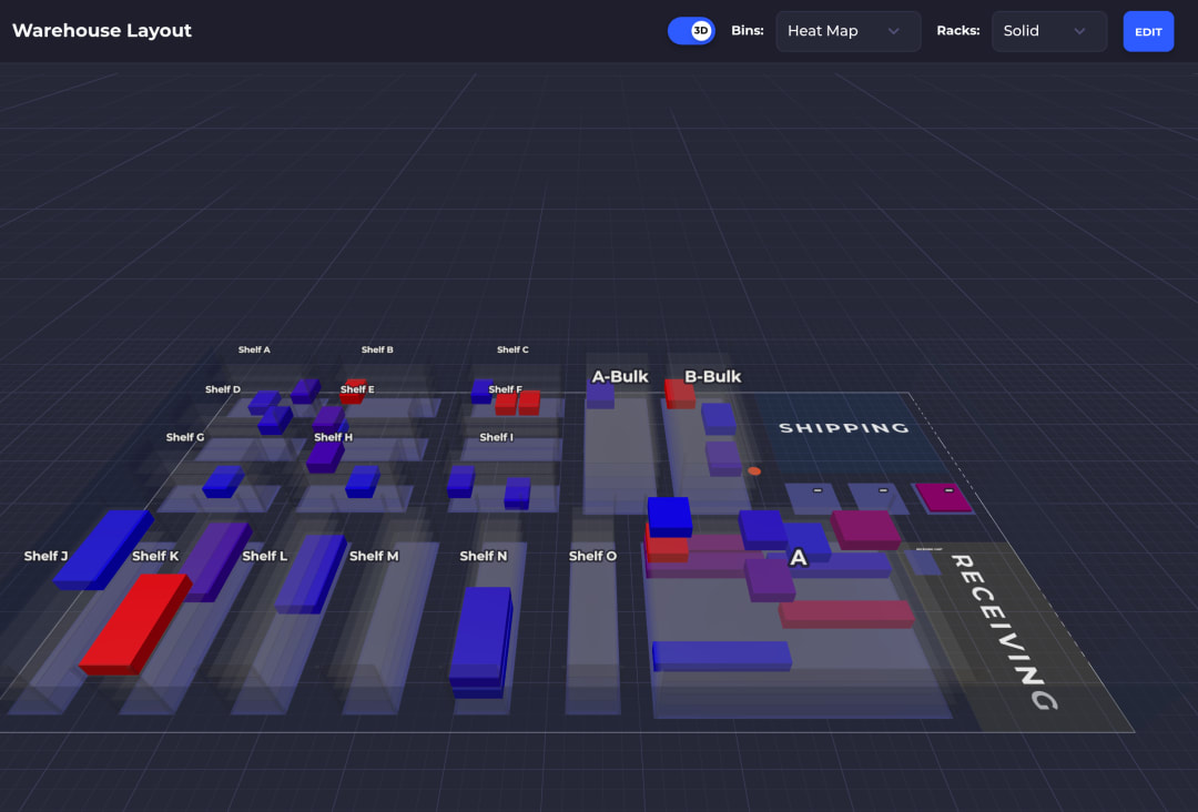 SKUSavvy 3D warehouse map with shelves, bins and an inventory heatmap