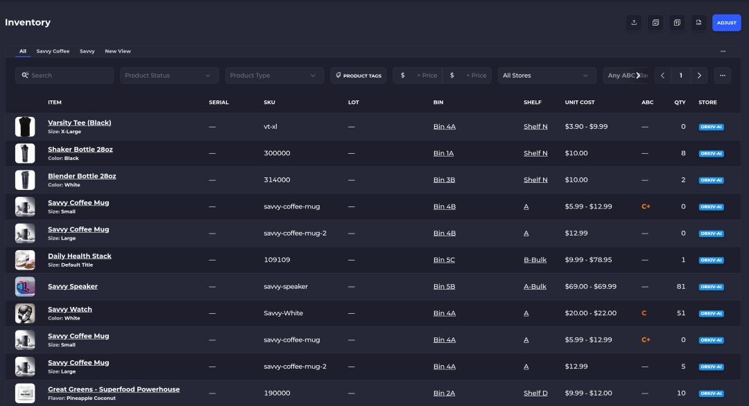 SKUSavvy warehouse inventory table with on-hand stock per item