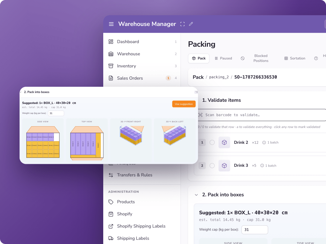 PULPO WMS published packing interface with barcode validation and suggested box diagrams