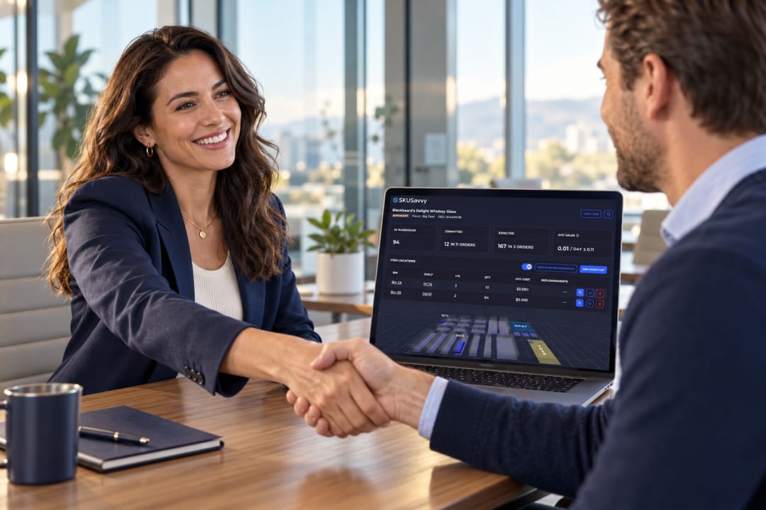 Partner meeting illustration: two people shaking hands in a conference room, with SKUSavvy displayed on a laptop