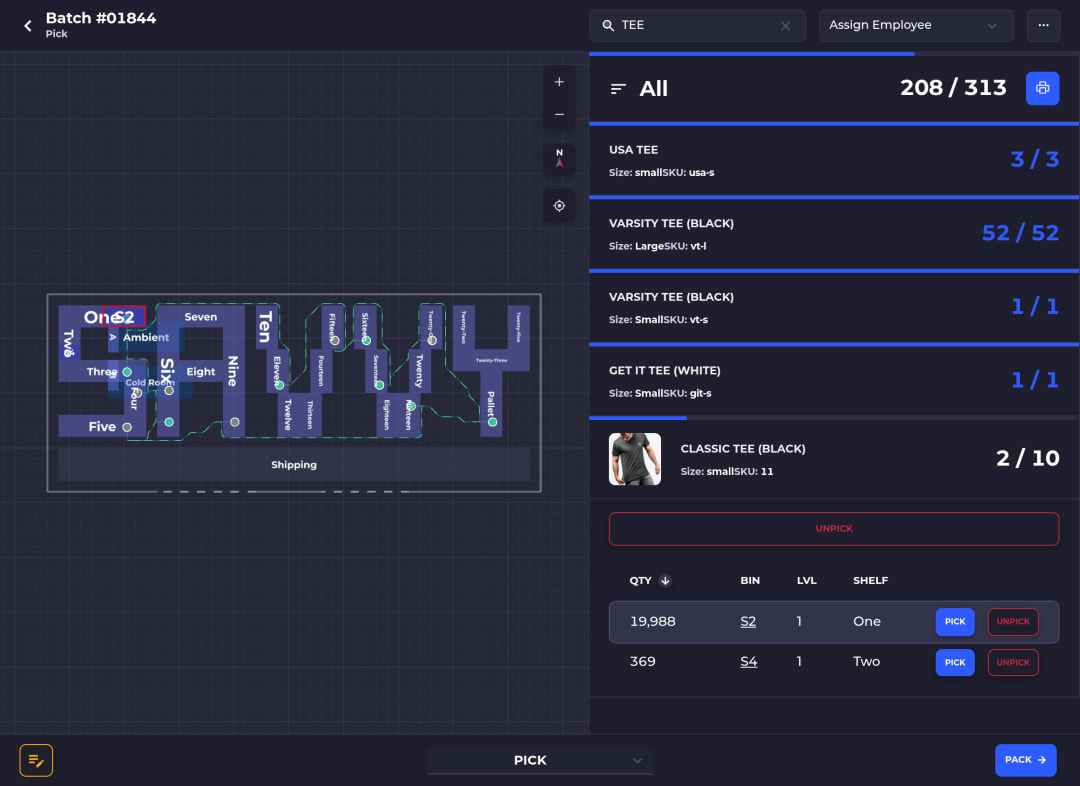 SKUSavvy pick screen with the pick route drawn on the warehouse map