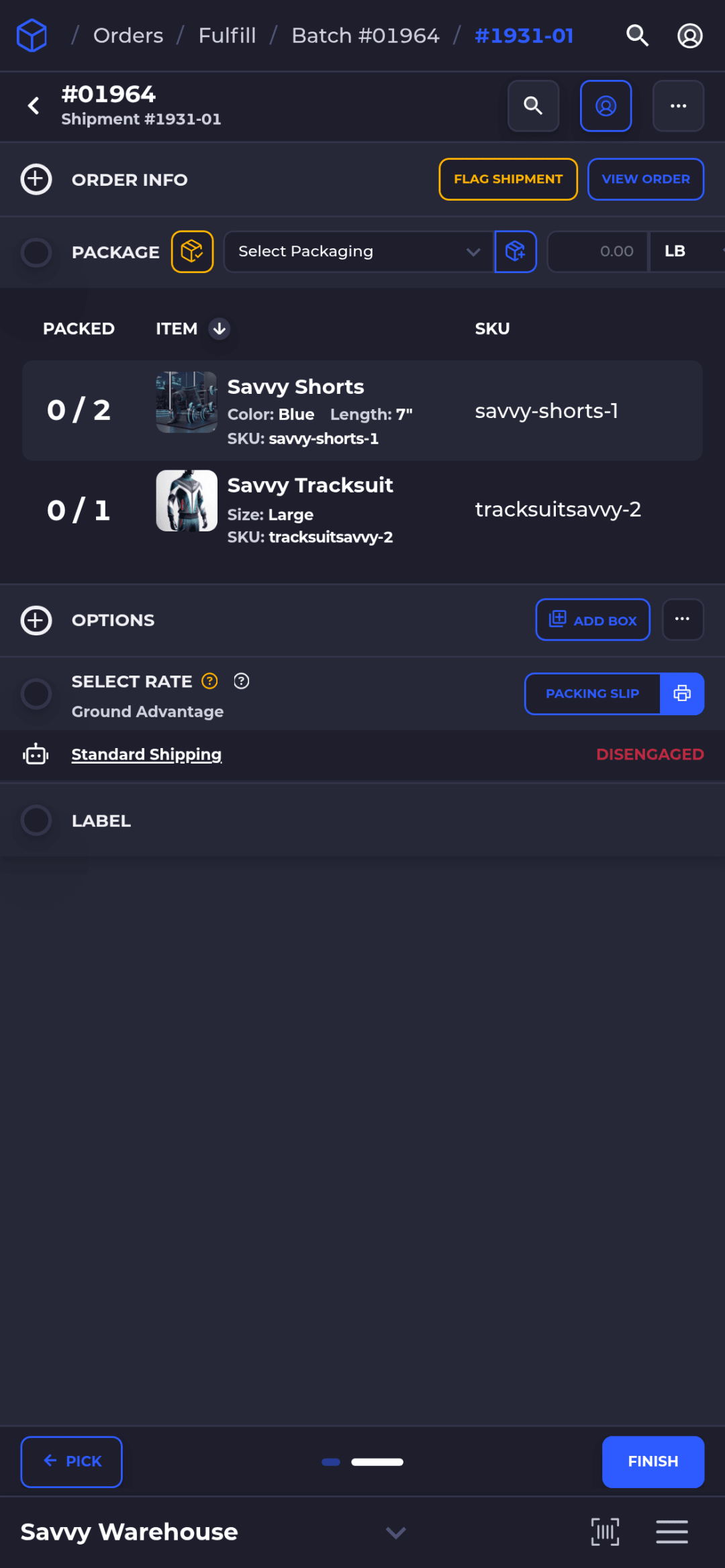 SKUSavvy pack screen on a phone with items waiting to be packed