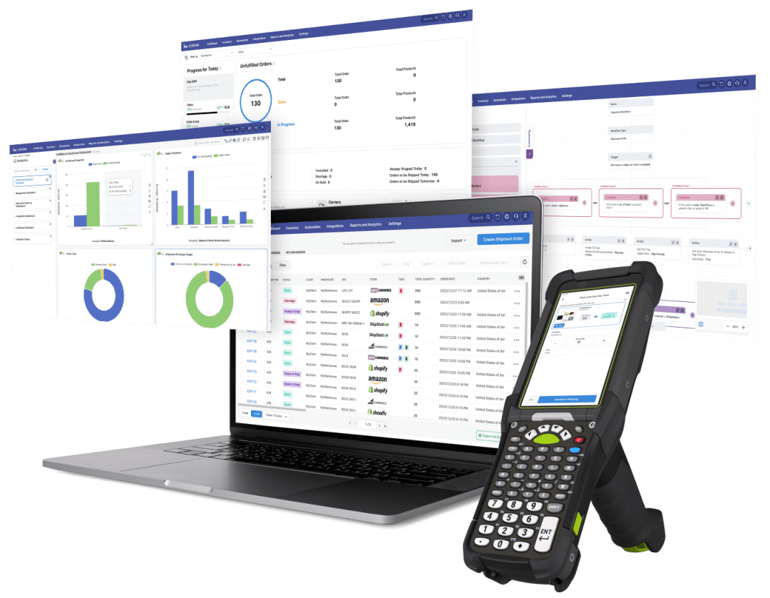 Logiwa IO published fulfillment dashboard, shipment orders, workflow rules and handheld picking screens