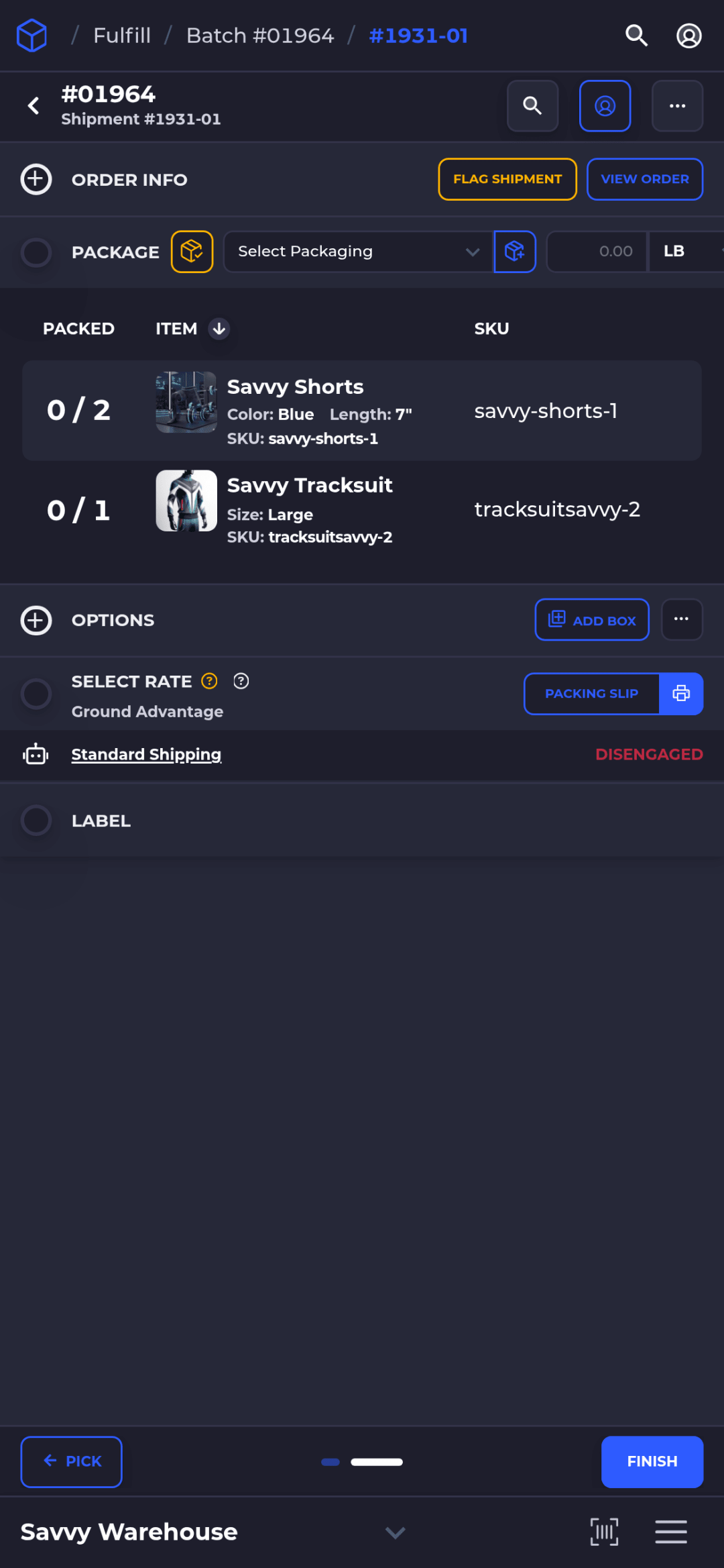 SKUSavvy pack screen on a phone with order items waiting to be scanned
