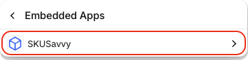 Embedded Apps menu in the Shopify POS editor with SKUSavvy selected