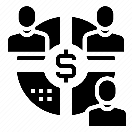 Icon of three people around a pie chart with a dollar sign, representing partner revenue sharing