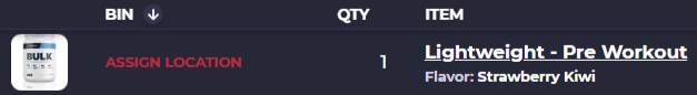 Shopify inventory row in SKUSavvy flagged Assign Location, showing a pre workout item with quantity 1 awaiting a bin