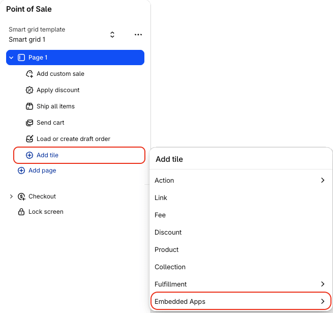 Shopify POS editor with Add tile under Page 1 and the Add tile menu open on Embedded Apps