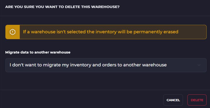 migrate inventory and orders data to another warehouse