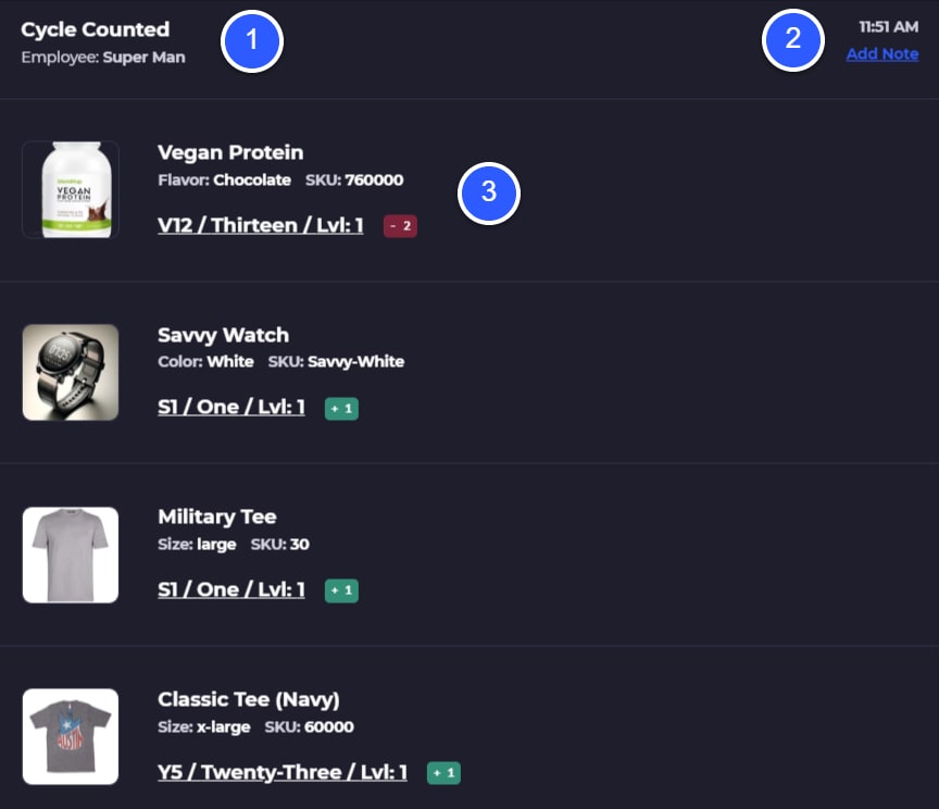 SKUSavvy cycle counting record showing employee, time, and item bin counts with plus and minus adjustments