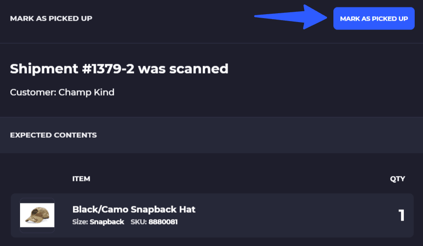 mark shipment picked up in skusavvy