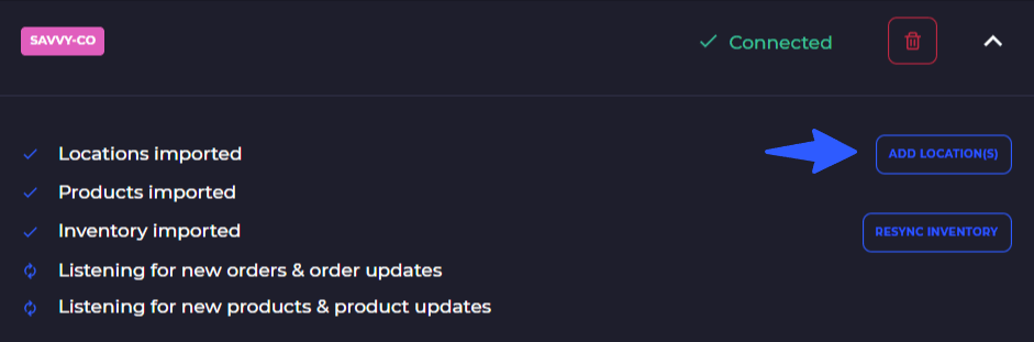 import new shopify location to skusavvy