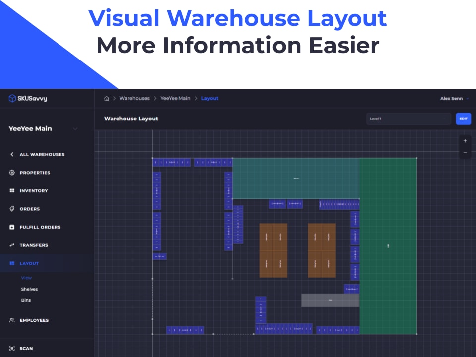 SKUSavvy visual warehouse layout editor showing shelves and bins on a floor plan grid
