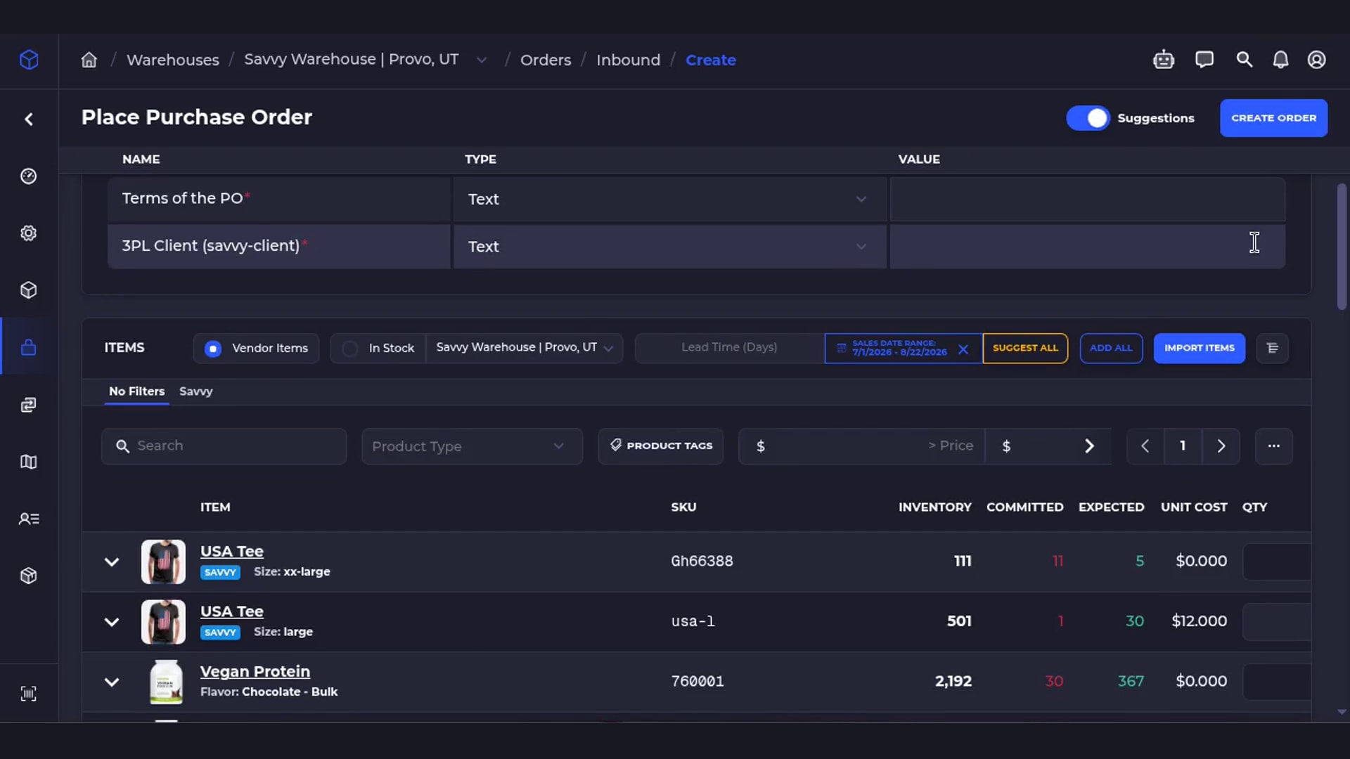 Purchase orders — suggestions / vendor costs — bind po-suggestions-dark.png