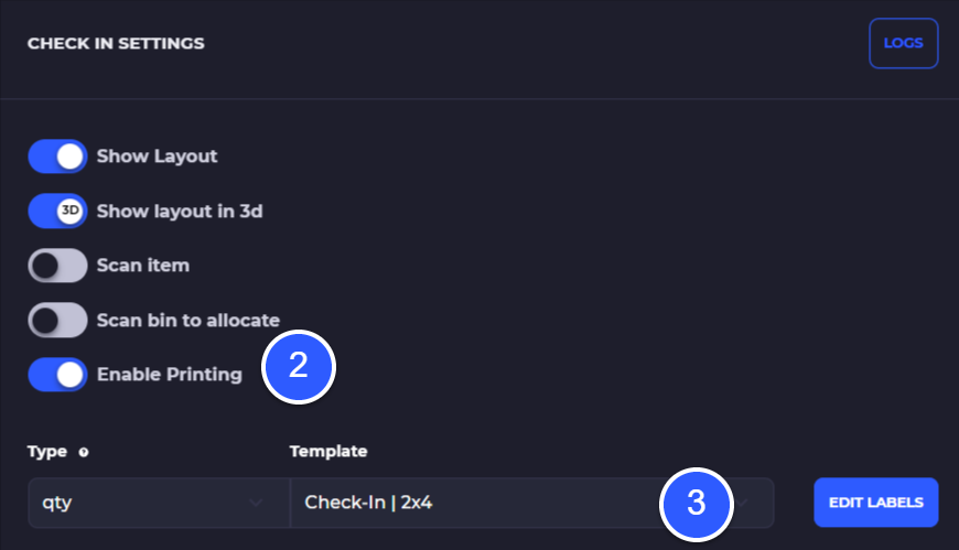 check-in settings for printing label