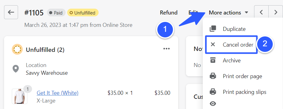 initiate order cancellation on Shopify