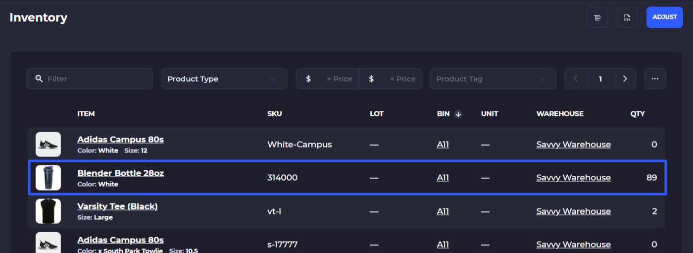 select inventory for automated bin replenishment