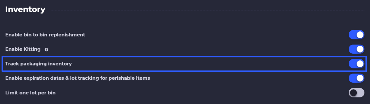 turn on inventory tracking for packaging materials