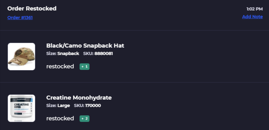 restock inventory log for a returned item on shopify
