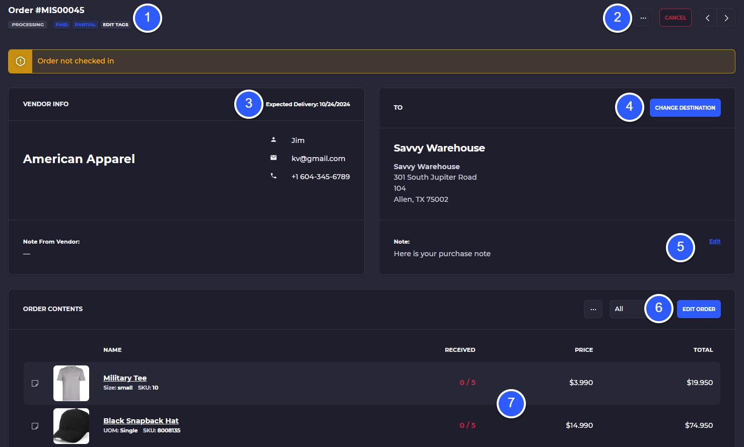 skusavvy wms for shopify purchase order detail