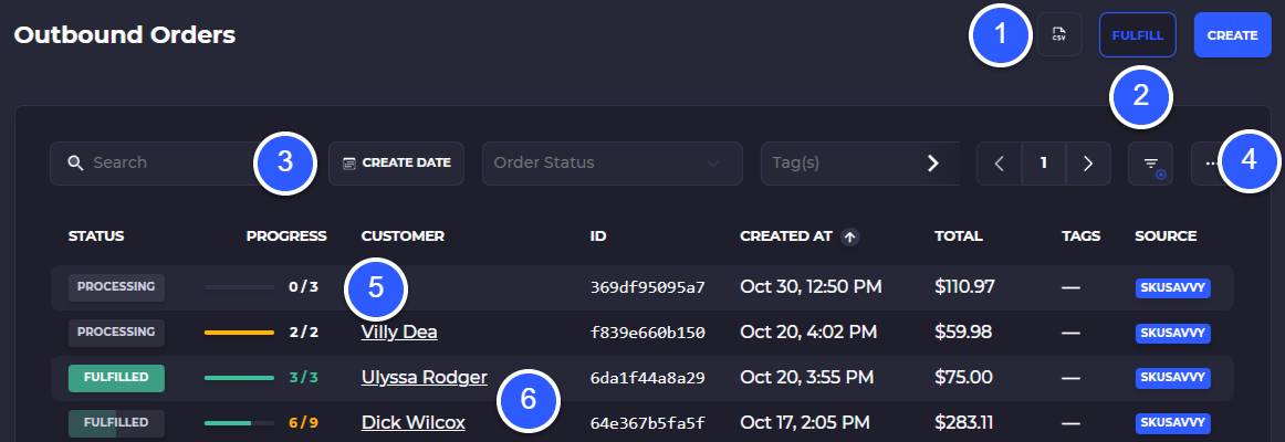 outbound order table interface controls
