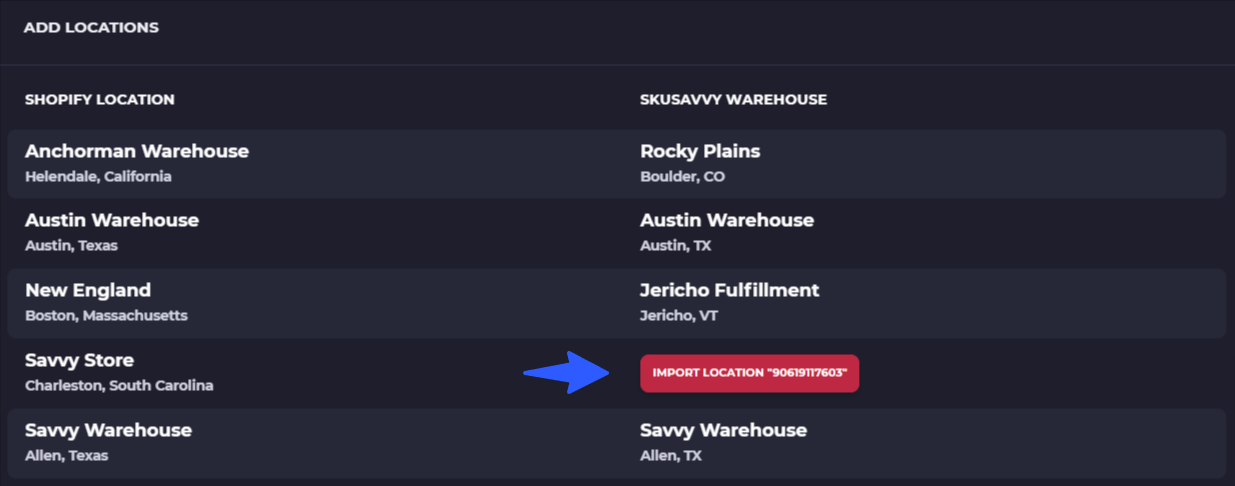 select a shopify location to import to skusavvy