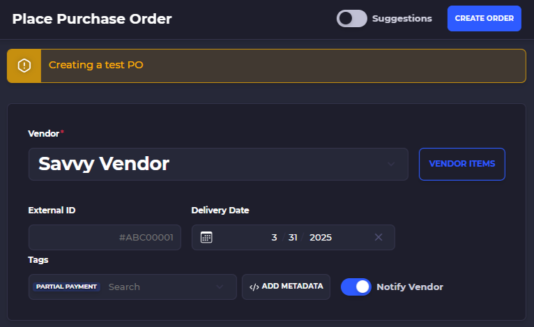 create a test purchase order in skusavvy