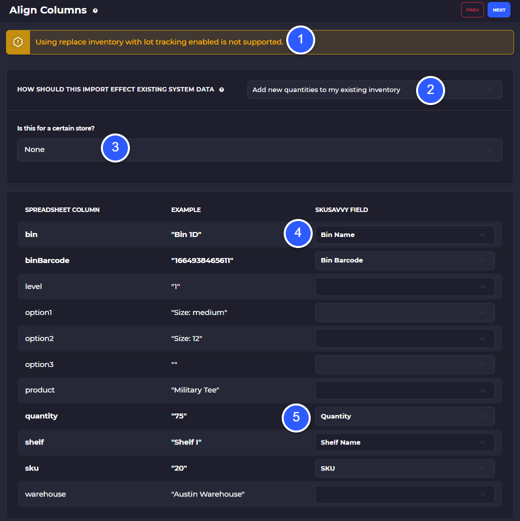 inventory import column mapping