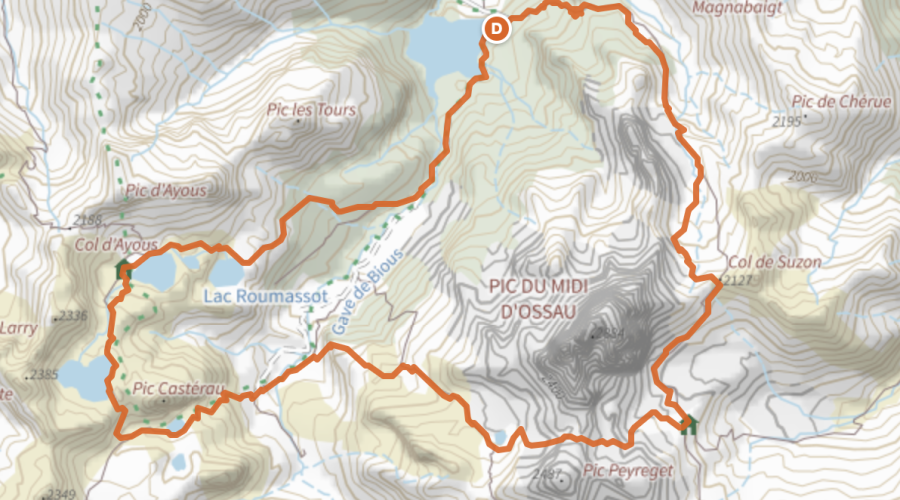 Tracé GPX du tour du Pic du Midi d'Ossau sur carte topographique