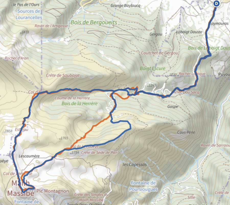 Carte des deux tracés GPX de la randonnée du Mailh Massibé, été et hiver
