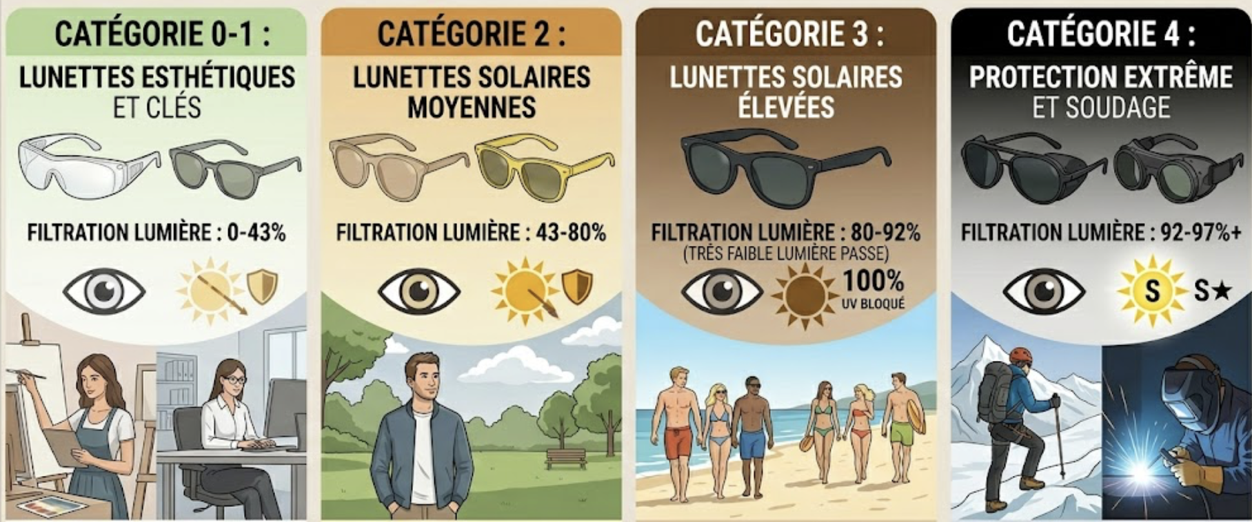 Schéma expliquant les catégories de verres de lunettes