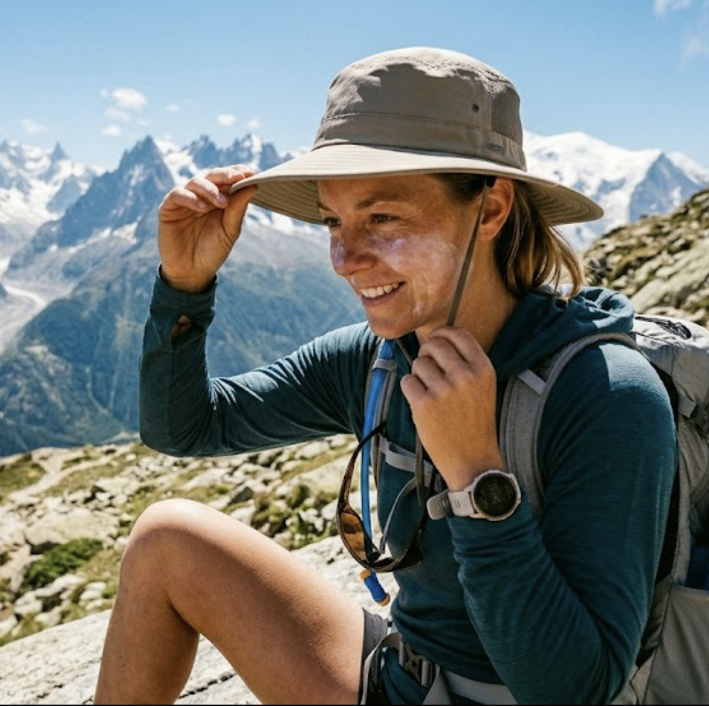 Femme mettant un chapeau de protection solaire