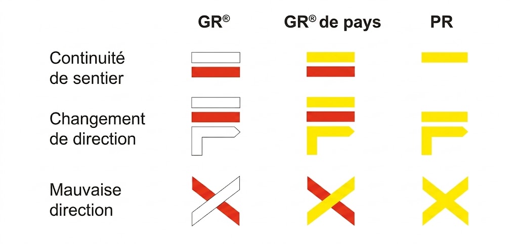 Schéma explicatif des différents types de balisage : GR blanc-rouge, GRP jaune-rouge, PR jaune
