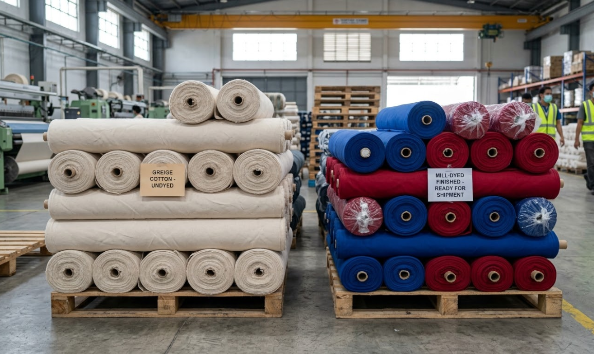 Greige cotton rolls stacked beside mill dyed blue wholesale textiles on a factory floor