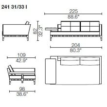 241 31 - width 225 x depth 109 x 82 cm - FIXED HORIZONTAL ARMREST - DX Narrow Armrest - SX Horizontal Armrest