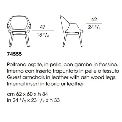 Guest armchair, in leather with ash wood legs. Internal insert in fabric or leather