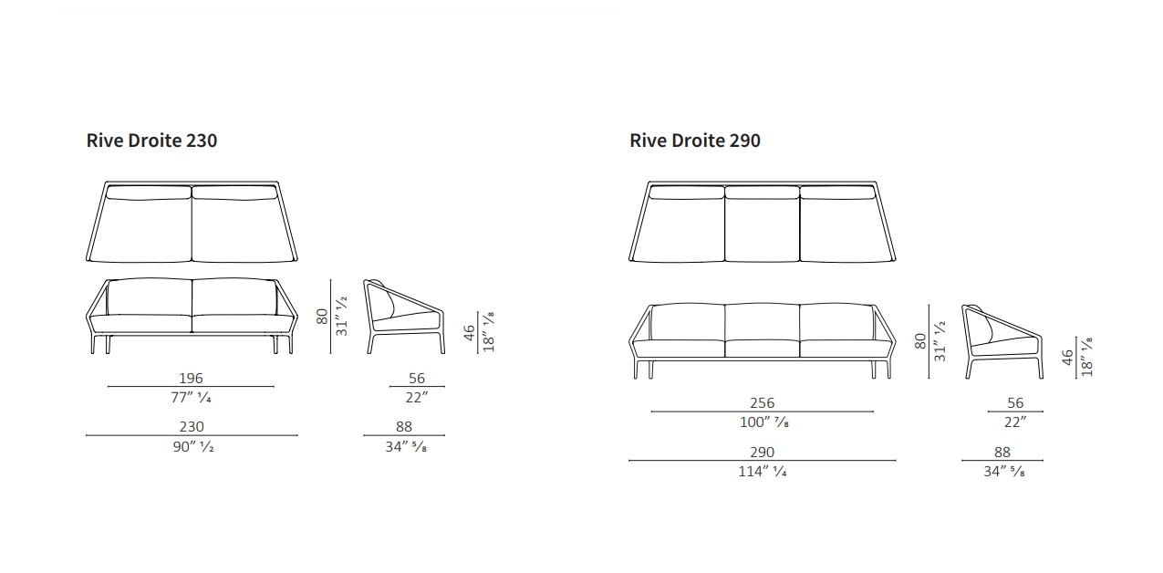 rive droite sofa size
