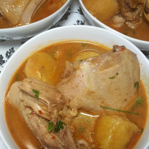 Plantain With Light Soup And Chicken