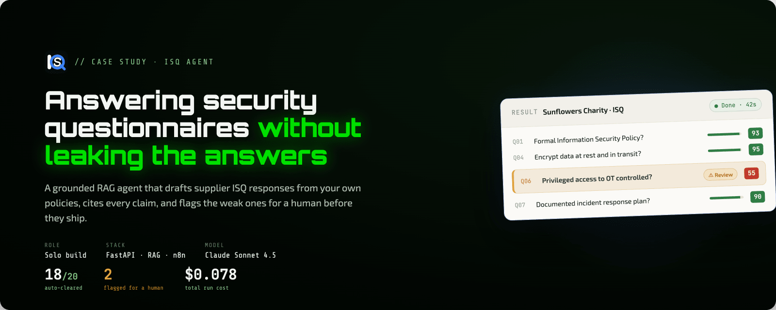 ISQ Agent: a drafted questionnaire answer with its sources and confidence score