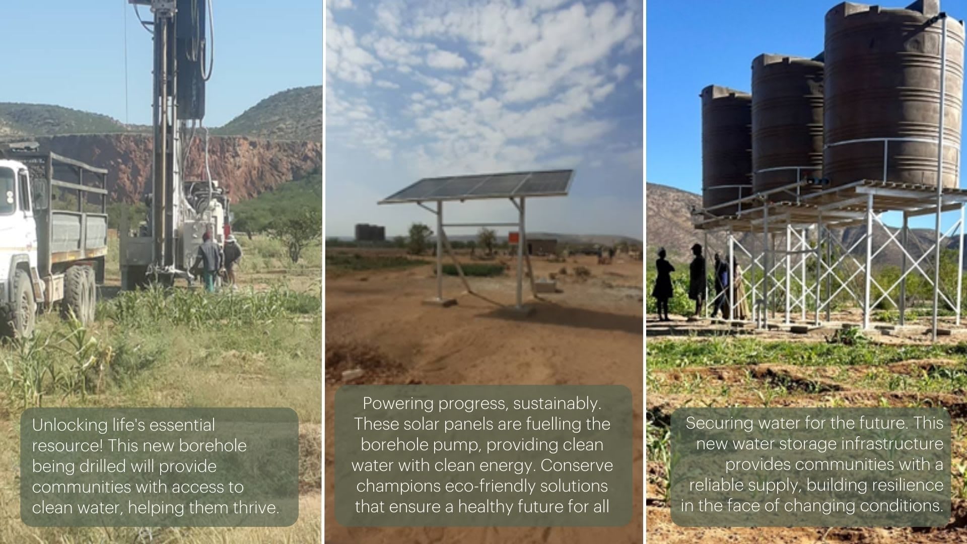 Images of a borehole being drilled and solar panels and water storage tanks installed inside the garden.