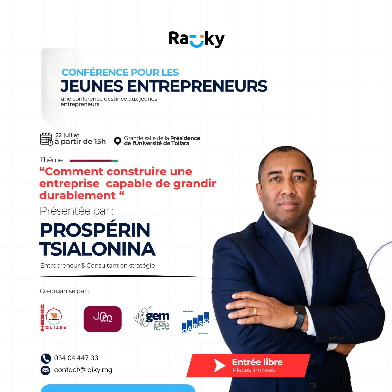 Affiche de la conférence pour les jeunes entrepreneurs, présentée par Prospérin Tsialonina, le 22 juillet 2026